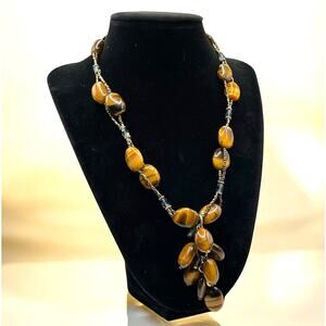 Vintage Tiger Eye Necklace Y-Drop Signed by Grace Adjustable 16 - 18 Inch